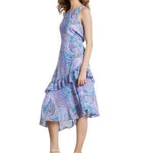 NEW SAM EDELMAN Boho Ruffle Midi Dress 10 Frilly Coquette Event Purple Pink Blue